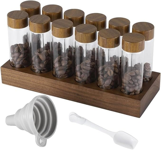 12 Piece Single Dose Coffee Beans Glass Tube Set with Wooden Stand NEW