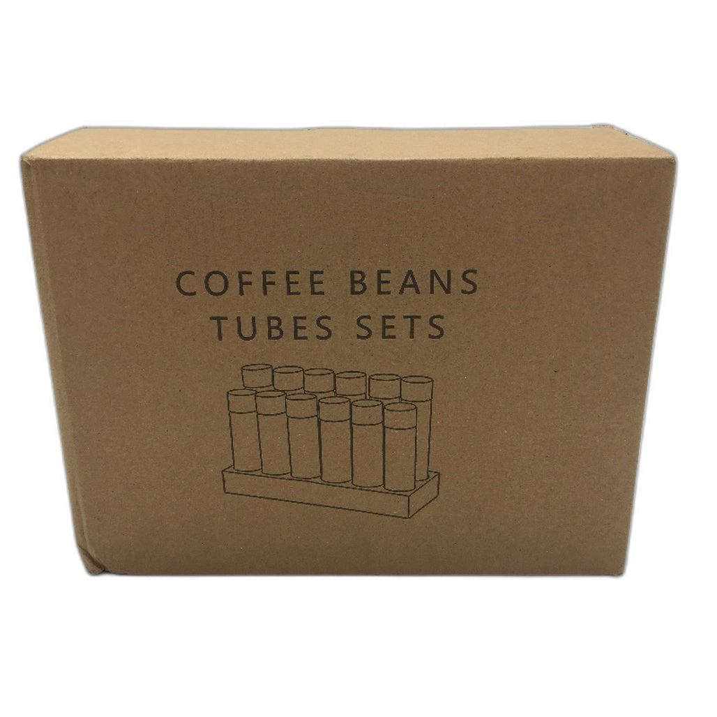 12 Piece Single Dose Coffee Beans Glass Tube Set with Wooden Stand NEW