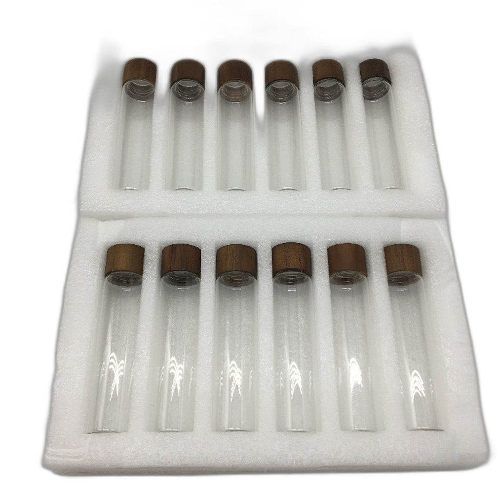 12 Piece Single Dose Coffee Beans Glass Tube Set with Wooden Stand NEW