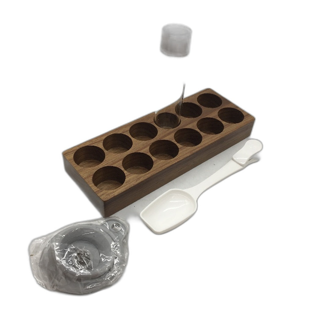 12 Piece Single Dose Coffee Beans Glass Tube Set with Wooden Stand NEW