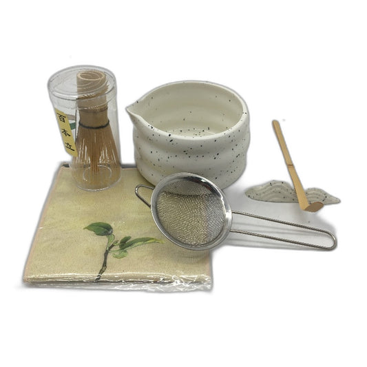 6 Piece Ceremonial Matcha Making Green Tea Set in White and Speckled Black NEW