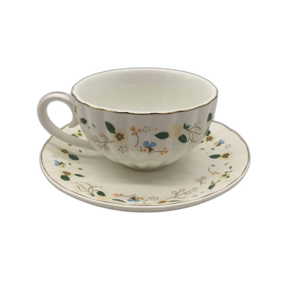 Bees and Flowers Vintage Turkish Style Ceramic Coffee Cup with Saucer NEW