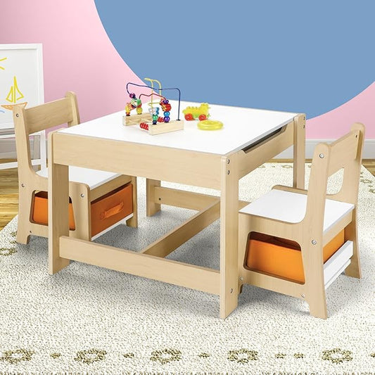 Oikiture Kids Wooden Table and Chairs Set with Storage Box White and Brown NEW
