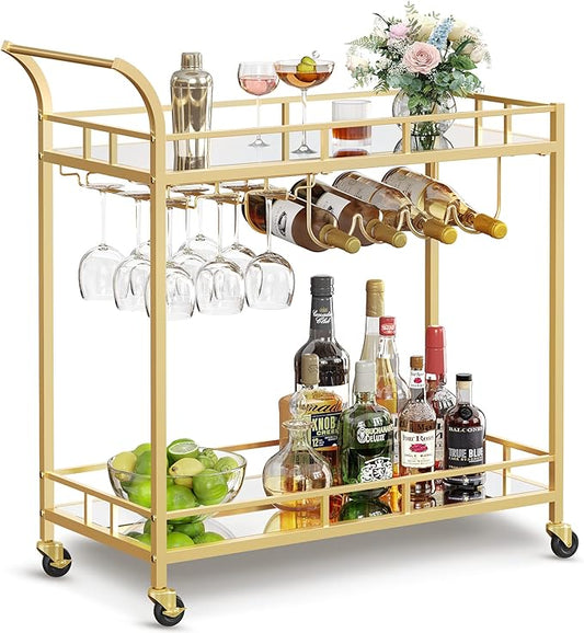 Vasagle LRC090A03 2 Mirrored Shelf Home Bar Serving Cart in Gold 38x86x90cm NEW