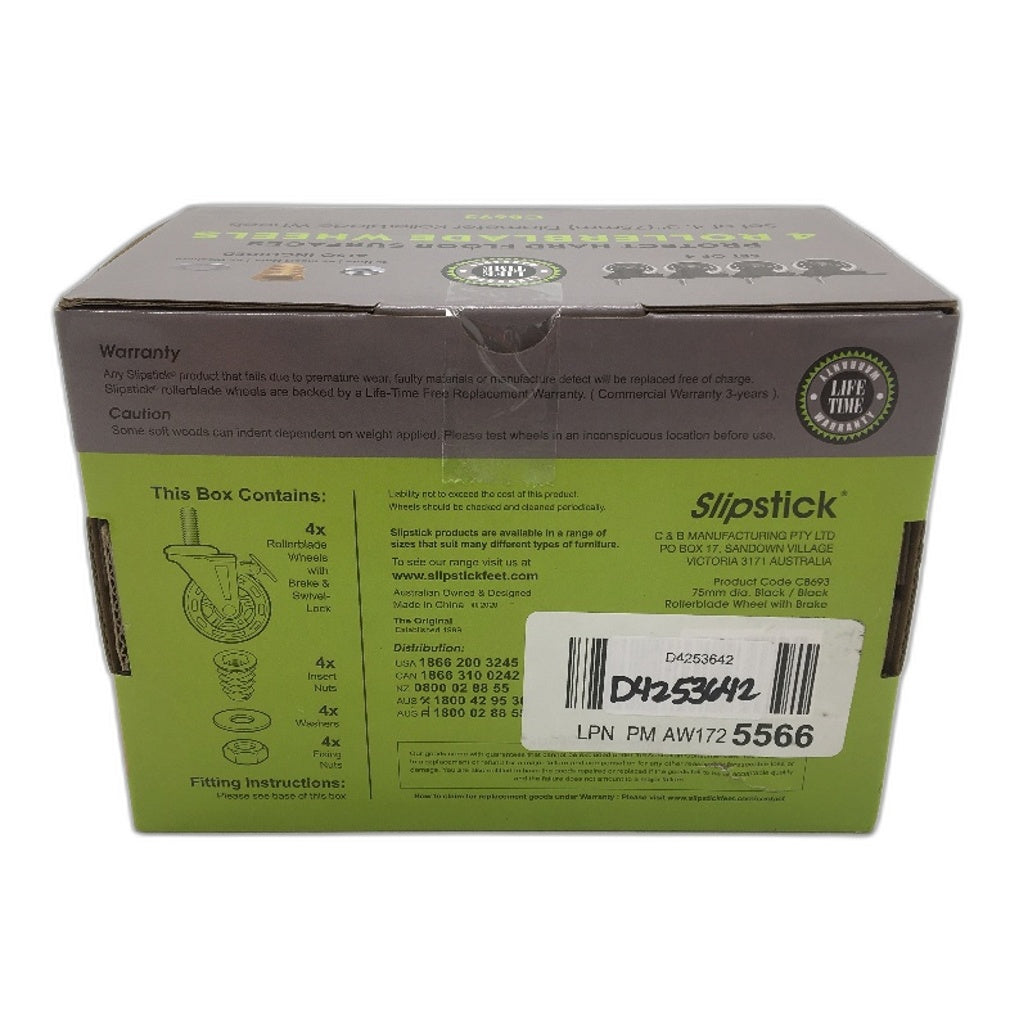 Slipstick 4 Rollerblade Wheels with 3/8 Inch Thread Break and Swivel Lock NEW