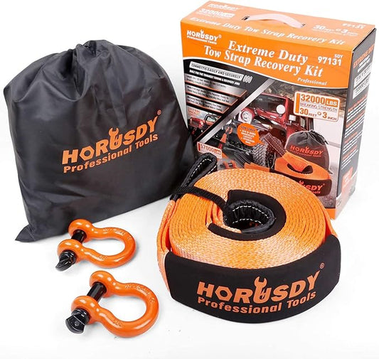Horusdy 30 Feet Extreme Duty Tow Strap Recovery Kit with 3/4 Inch D Rings NEW