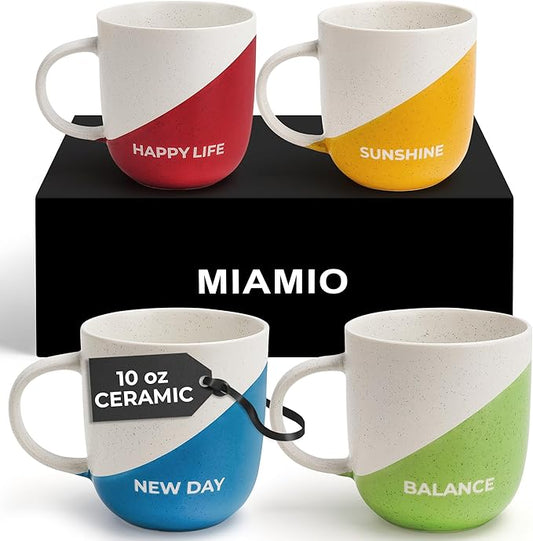 Miamio 4 Piece 300mL Happy Life Affirmation Ceramic Two Tone Coffee Mugs NEW