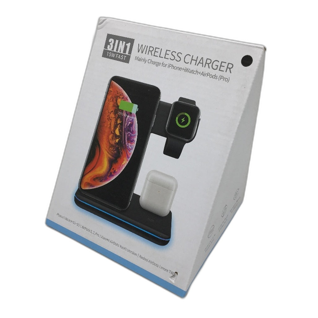 Wireless 15W 3 In 1 Fast Charger Blk Charging Station Lightning iPhone Apple Watch