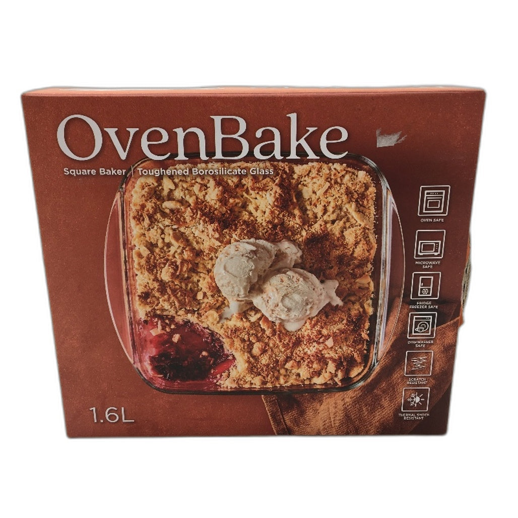 OvenBake 1.6L Oven and Microwave Safe Pure Square Baker Clear Glass Pan NEW