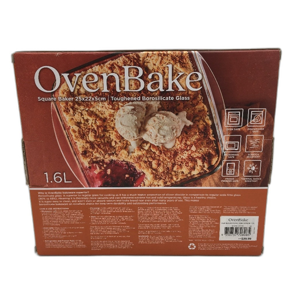 OvenBake 1.6L Oven and Microwave Safe Pure Square Baker Clear Glass Pan NEW