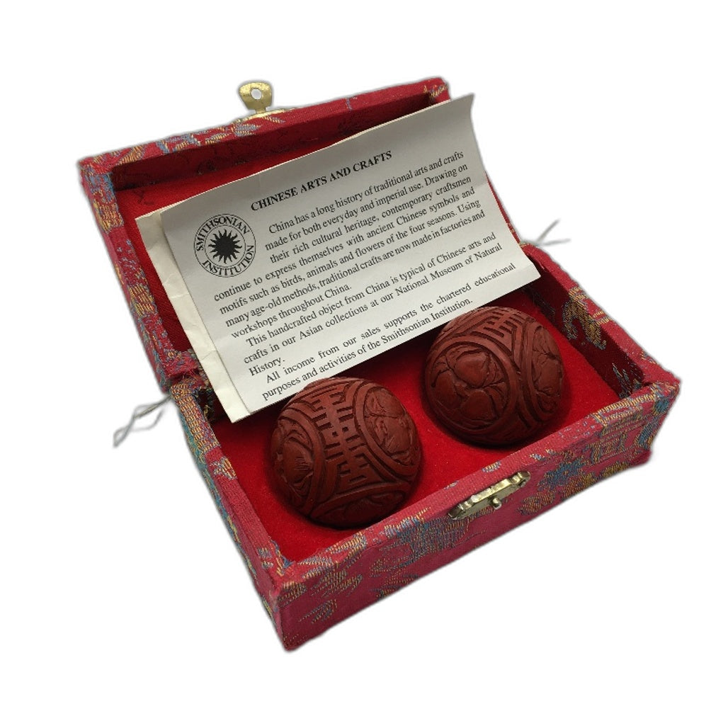 VINTAGE Etched Red Wooden Baoding Chinese Exercise Stress Balls In Storage Box
