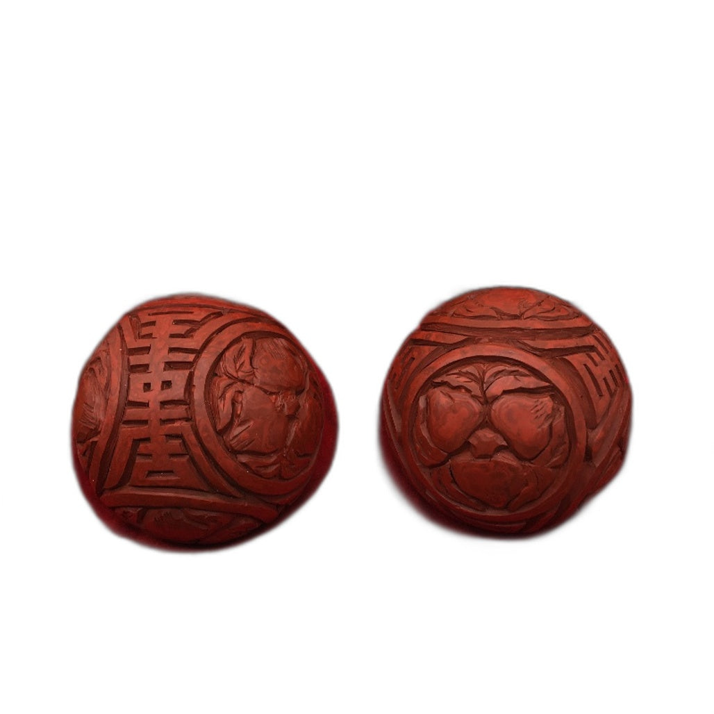 VINTAGE Etched Red Wooden Baoding Chinese Exercise Stress Balls In Storage Box
