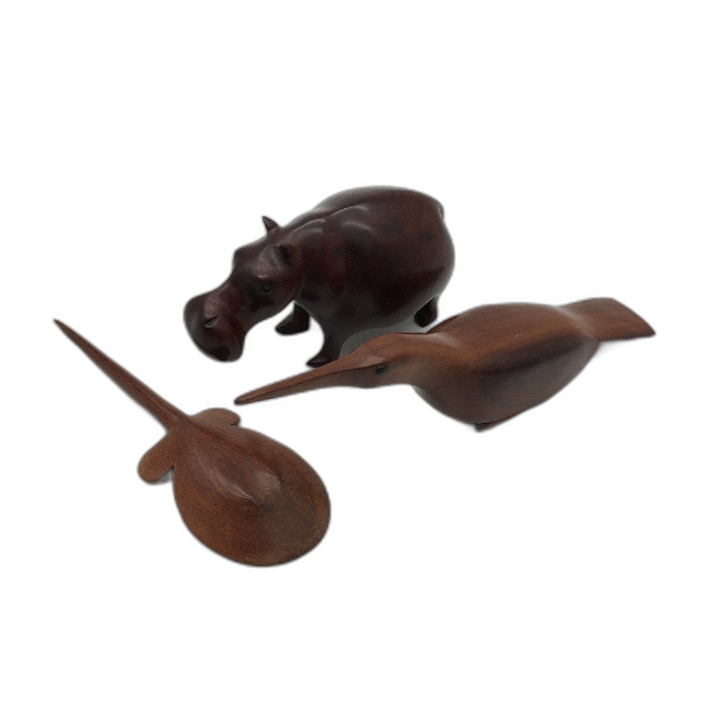 Handcrafted 3 Piece Stained Natural Timber Animal Set Inc Stingray, Hippo & Bird