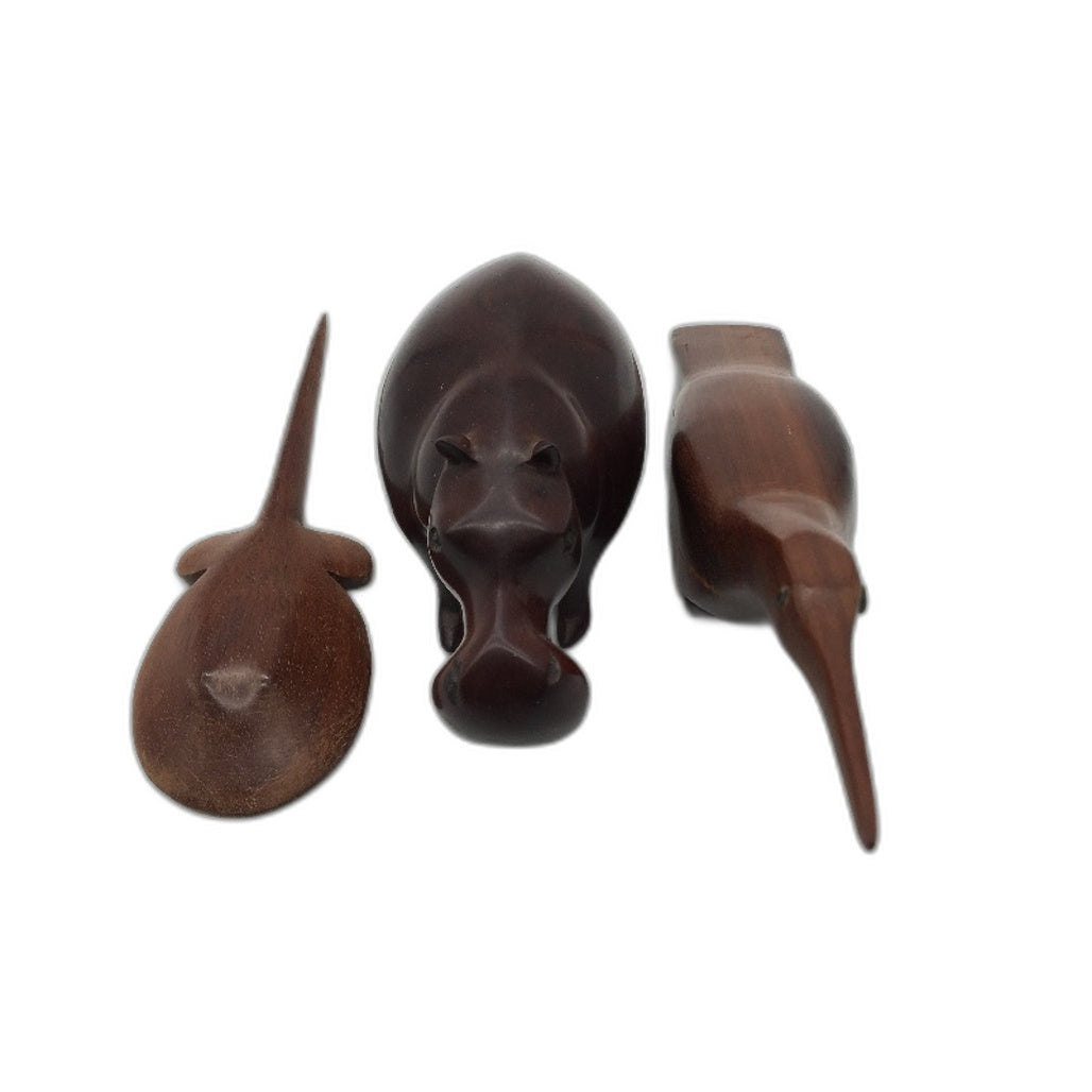 Handcrafted 3 Piece Stained Natural Timber Animal Set Inc Stingray, Hippo & Bird