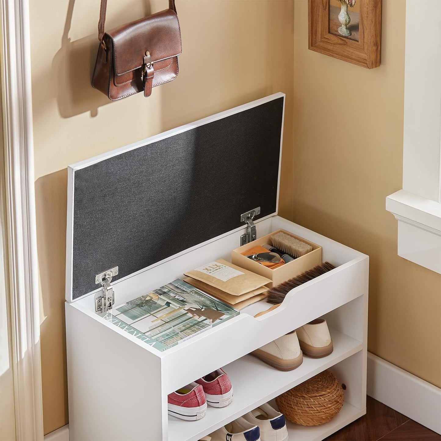 SoBuy White Storage Bench with Padded Folding Cushion Seat & Shoe Rack DEMO