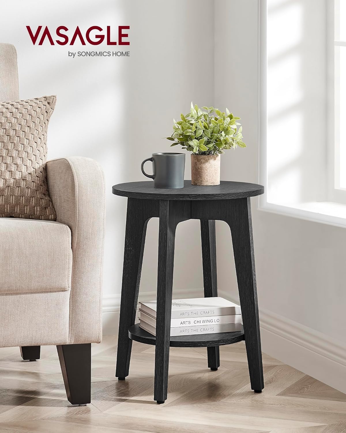 VASAGLE 2-Tier Round Bedside Table Nightstand, Charcoal Gray, Sturdy Metal DEMO