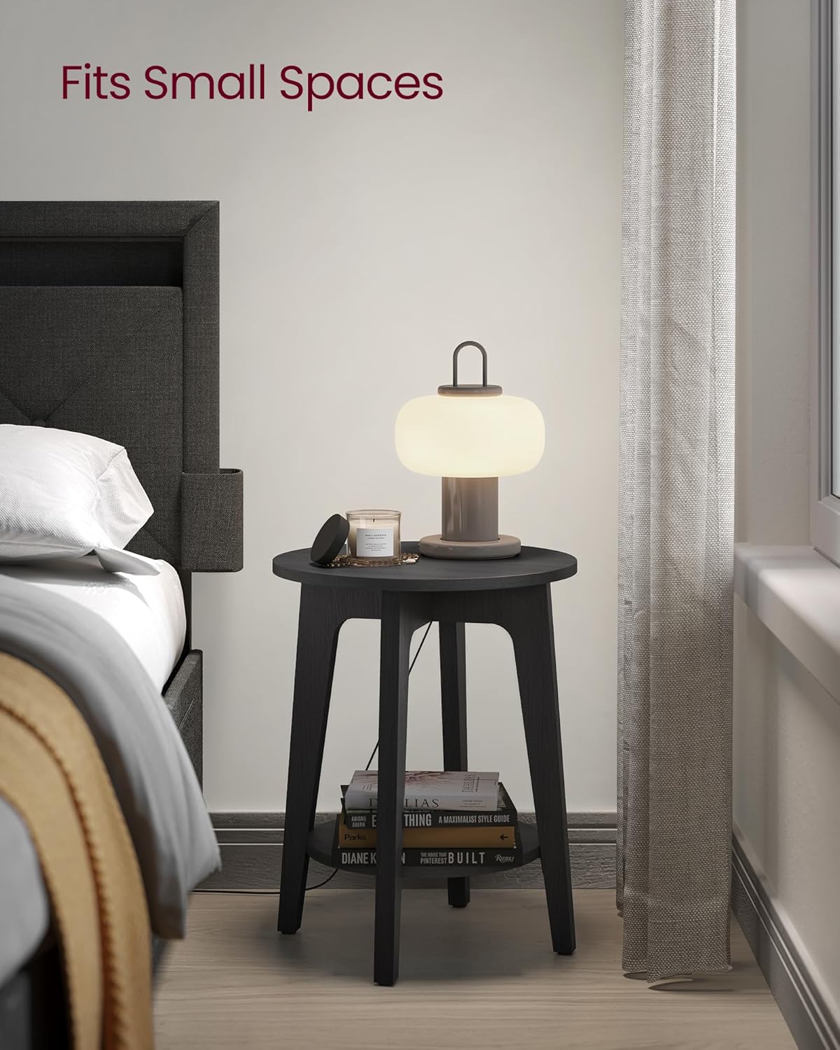VASAGLE 2-Tier Round Bedside Table Nightstand, Charcoal Gray, Sturdy Metal DEMO