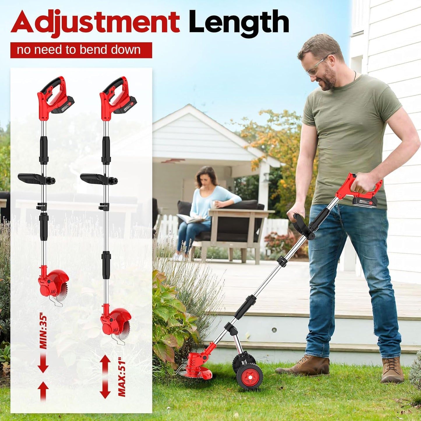 Cordless Electric String Trimmer with Wheels for Lawn Edging in Red by NEW