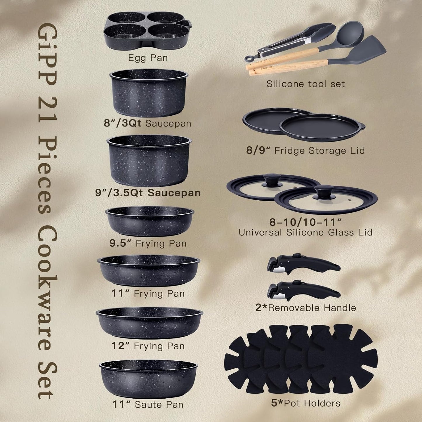 GiPP 21-Piece Ceramic Nonstick Cookware Set - Dark Grey Pots and Pans Size DEMO