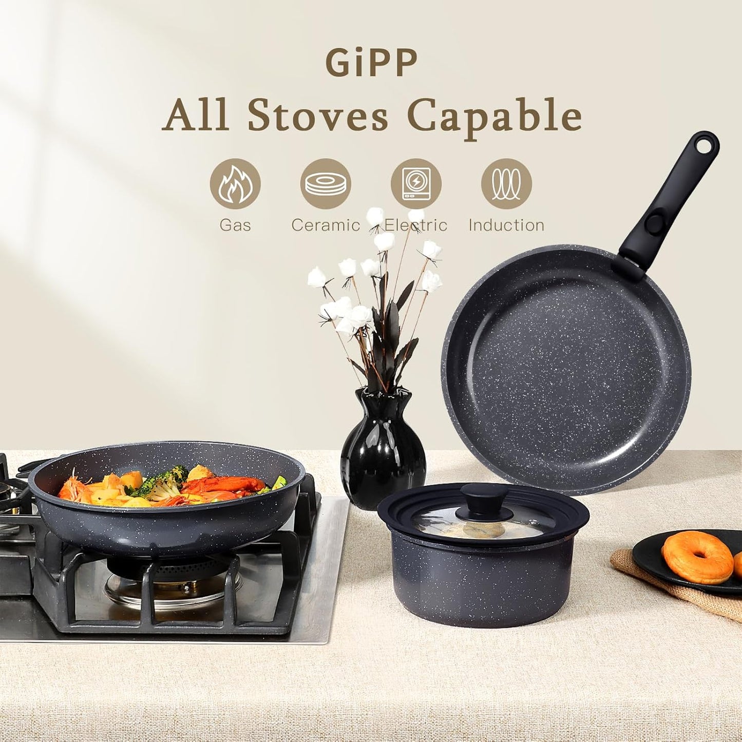 GiPP 21-Piece Ceramic Nonstick Cookware Set - Dark Grey Pots and Pans Size DEMO