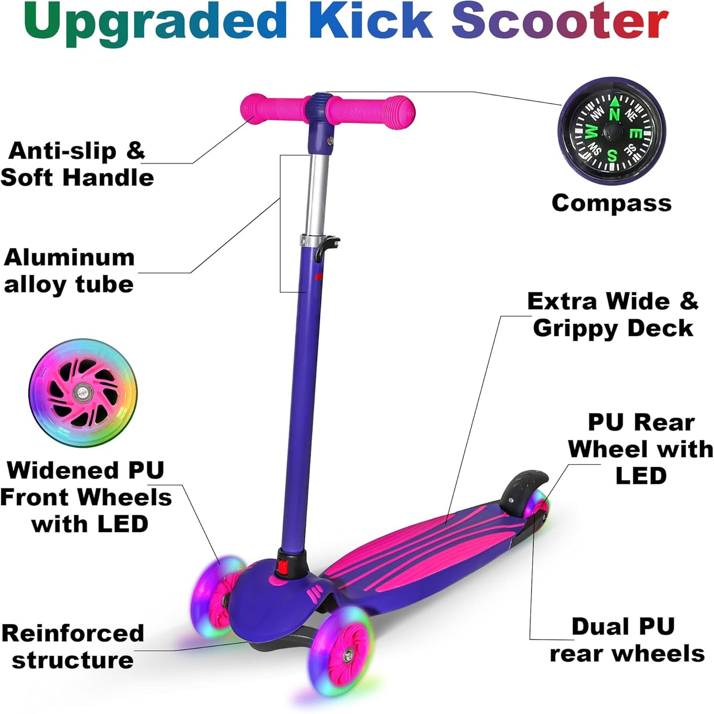 YULUOO 3-Wheel Scooters Light-Up LED Scooter for Kids, Purple Kick with DEMO