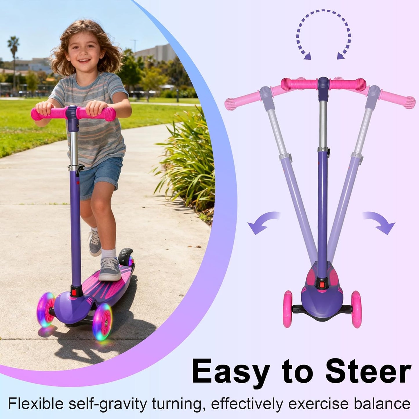 YULUOO 3-Wheel Scooters Light-Up LED Scooter for Kids, Purple Kick with DEMO
