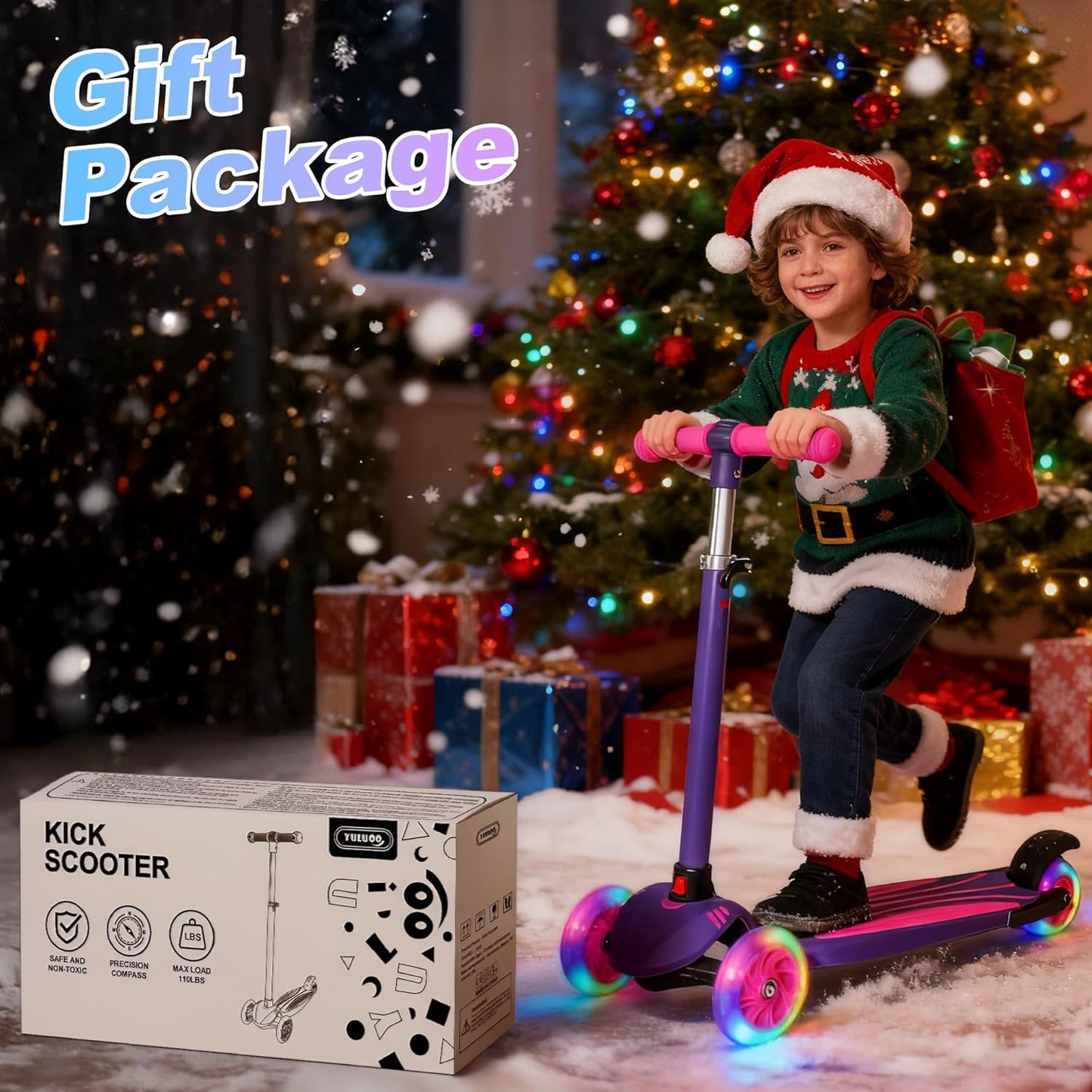 YULUOO 3-Wheel Scooters Light-Up LED Scooter for Kids, Purple Kick with DEMO