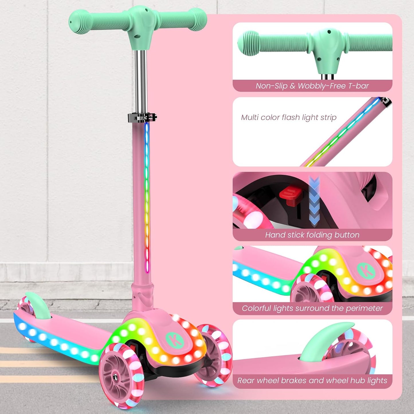 KIDSCOTER Foldable Scooters Scooter with Light-Up Handlebars for Kids, Pink NEW