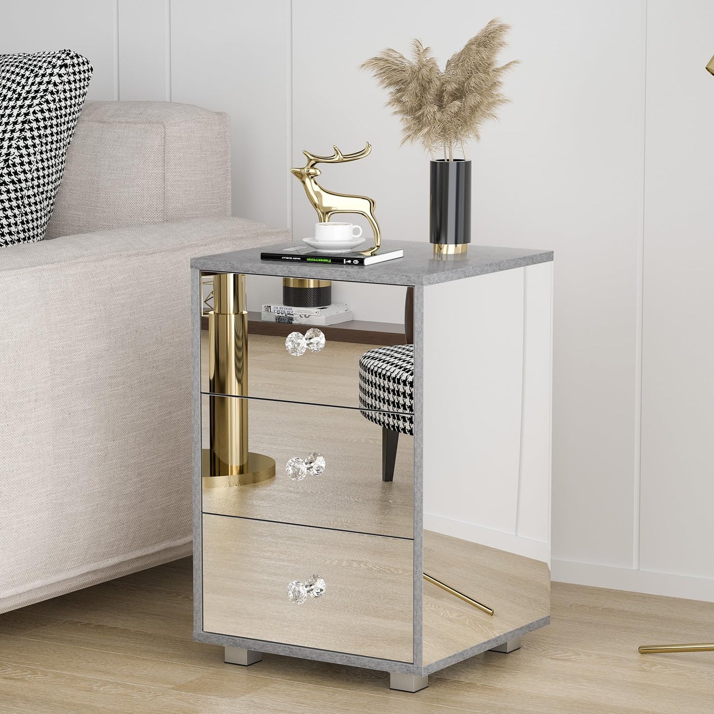 Ufurniture 3 Drawer Mirrored Bedside Table Nightstand Transparent Side Size NEW