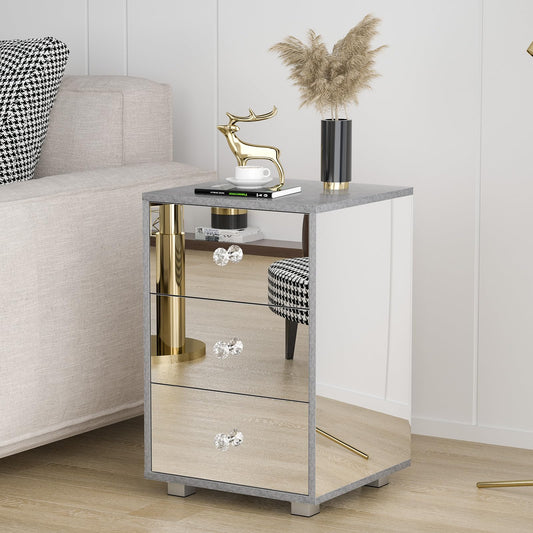 Ufurniture 3 Drawer Mirrored Bedside Table Nightstand Transparent Side Size NEW