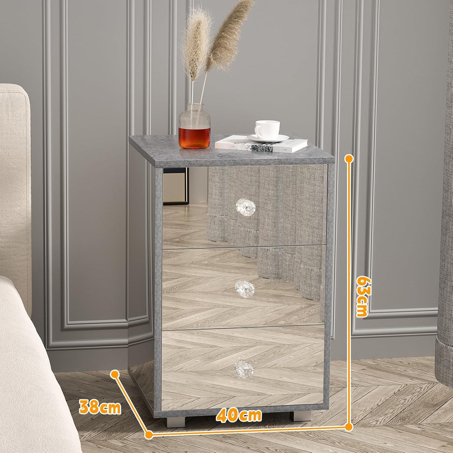 Ufurniture 3 Drawer Mirrored Bedside Table Nightstand Transparent Side Size NEW