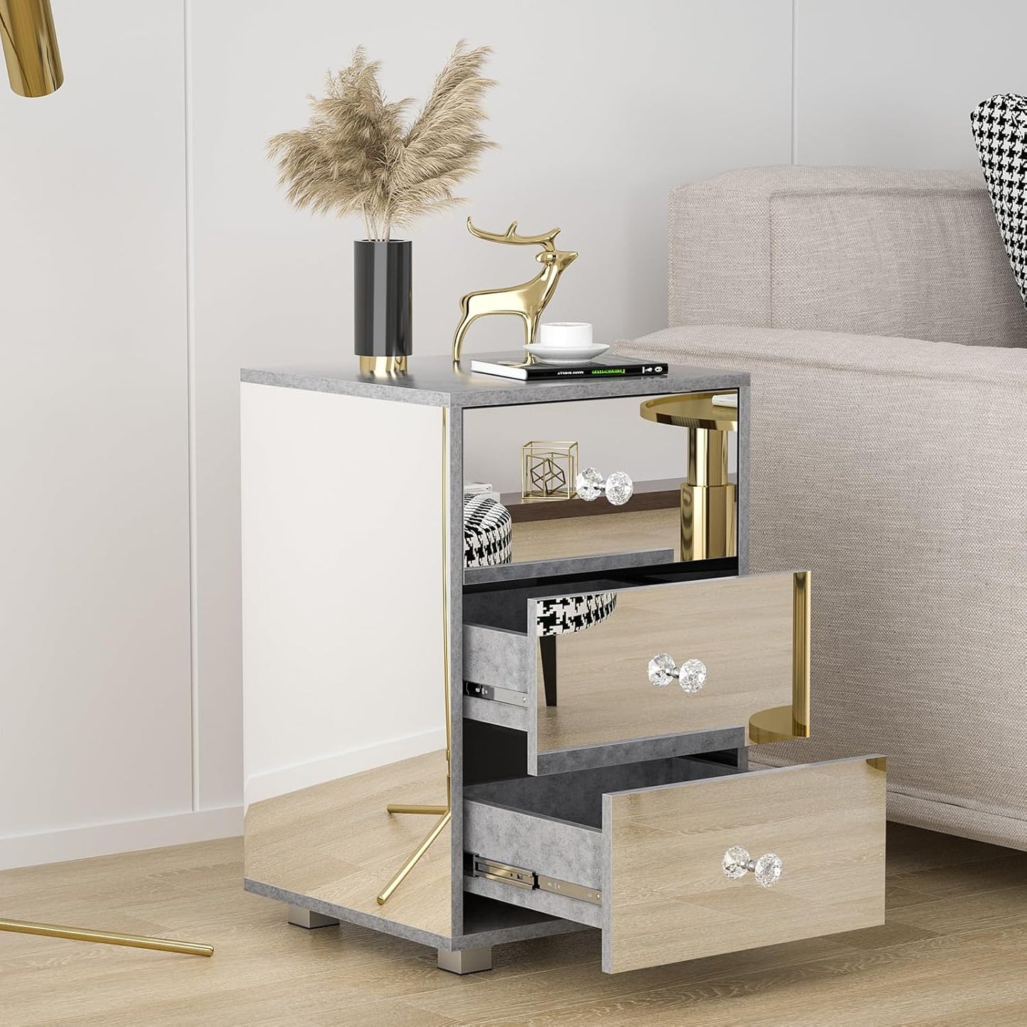 Ufurniture 3 Drawer Mirrored Bedside Table Nightstand Transparent Side Size NEW