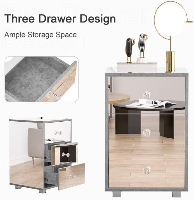 Ufurniture 3 Drawer Mirrored Bedside Table Nightstand Transparent Side Size NEW