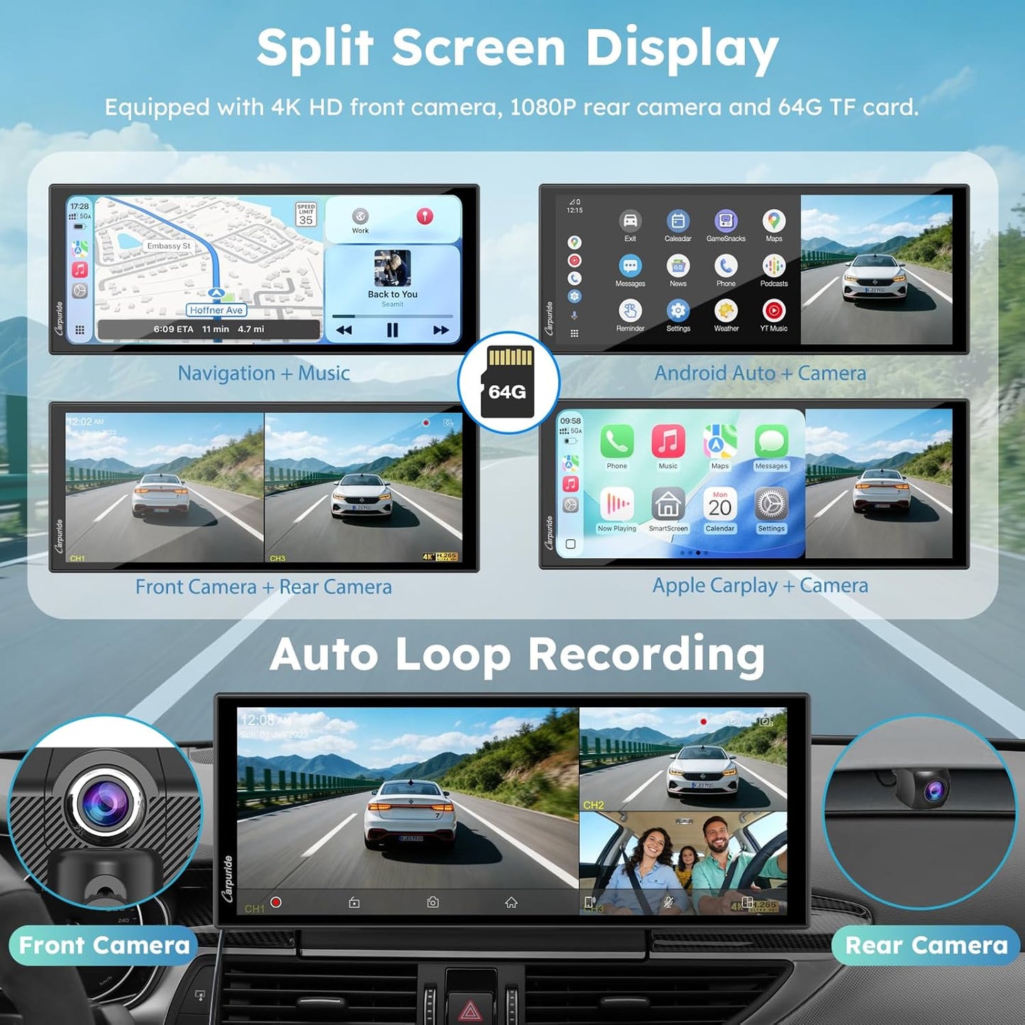 CARPURIDE 11.26 On-Dash-Monitoring Inch 4K 1080P Wireless Carplay Android Auto