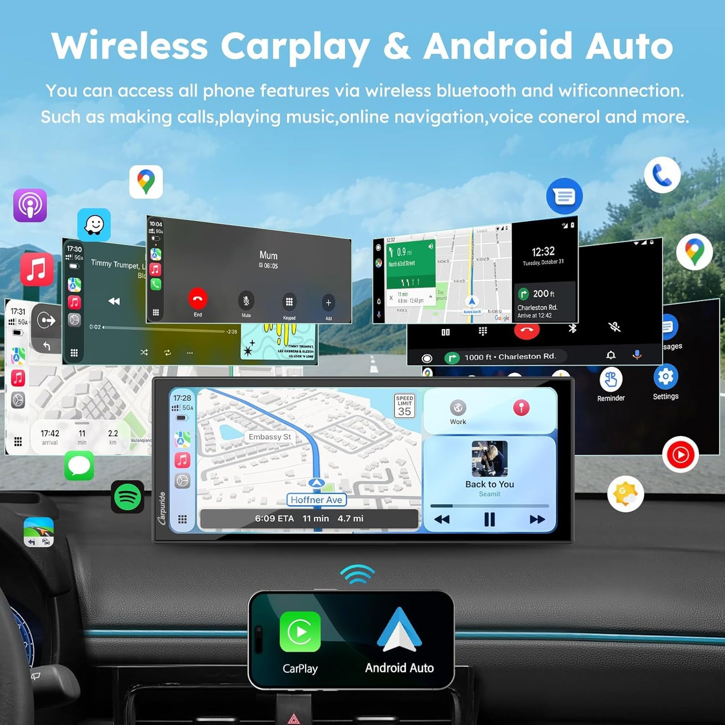 CARPURIDE 11.26 On-Dash-Monitoring Inch 4K 1080P Wireless Carplay Android Auto