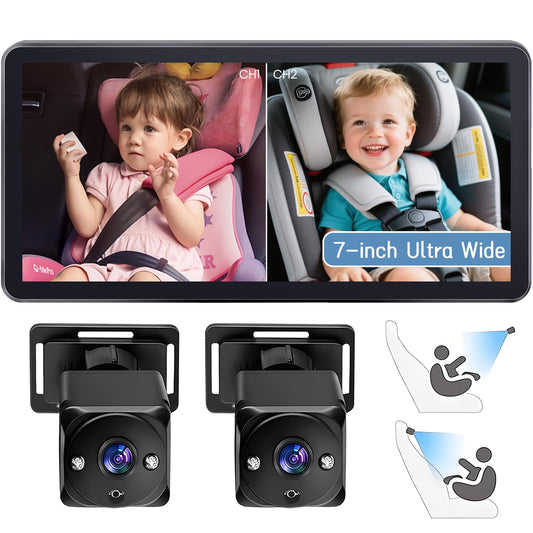 Omebel Baby Backseat Mirror 7-Inch Ultrawide Display Dual Camera Monitor Black