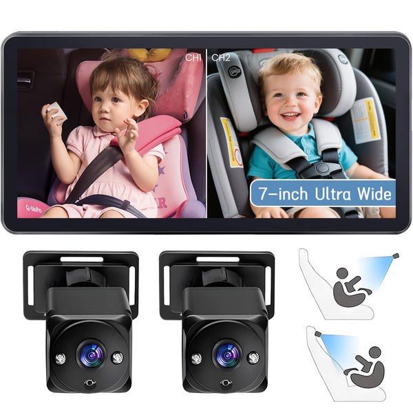 Omebel Baby Backseat Mirror 7-Inch Ultrawide Display Dual Camera Monitor Black