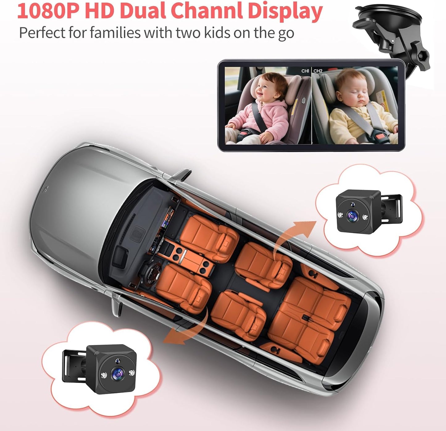 Omebel Baby Backseat Mirror 7-Inch Ultrawide Display Dual Camera Monitor Black