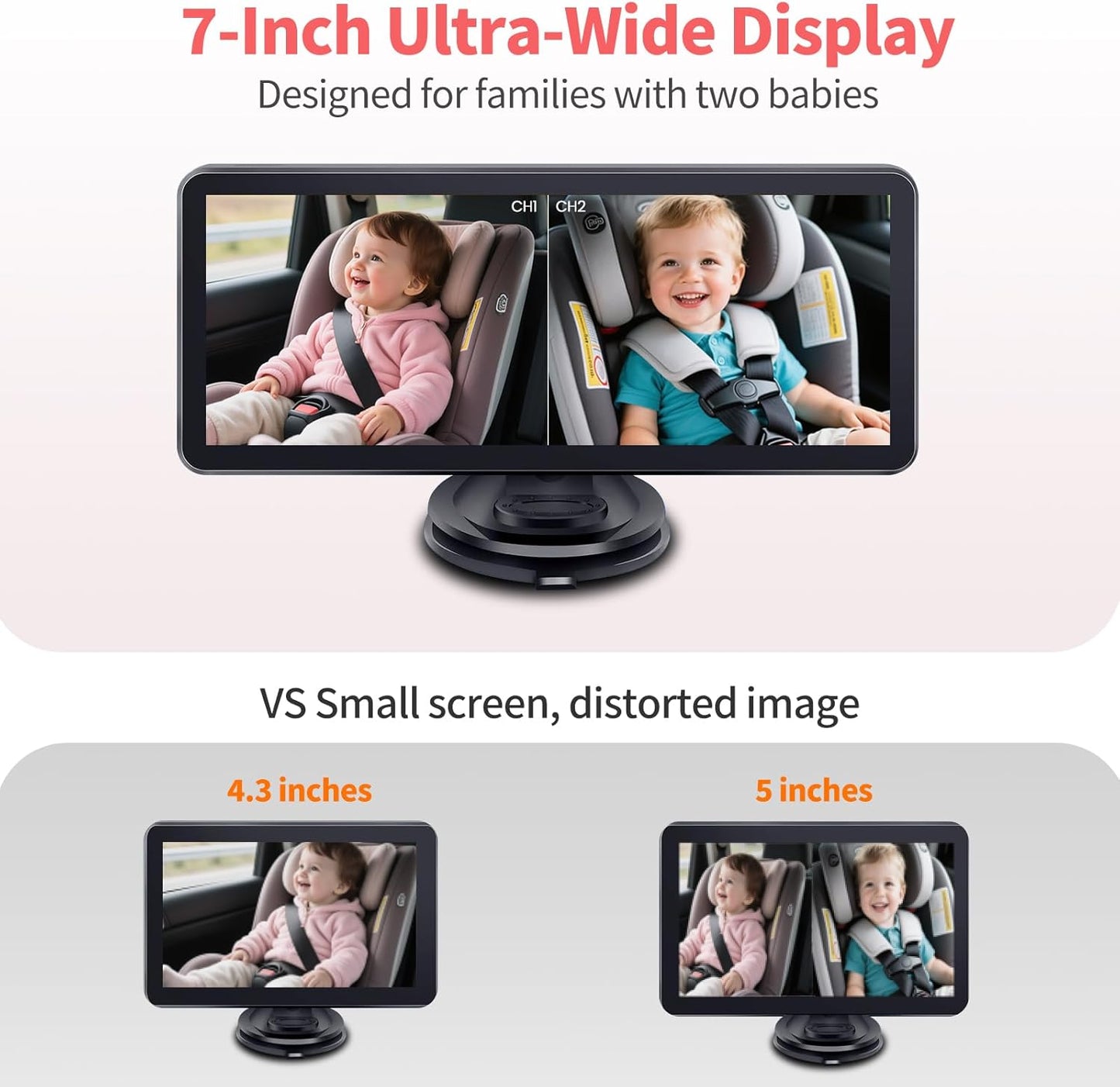 Omebel Baby Backseat Mirror 7-Inch Ultrawide Display Dual Camera Monitor Black