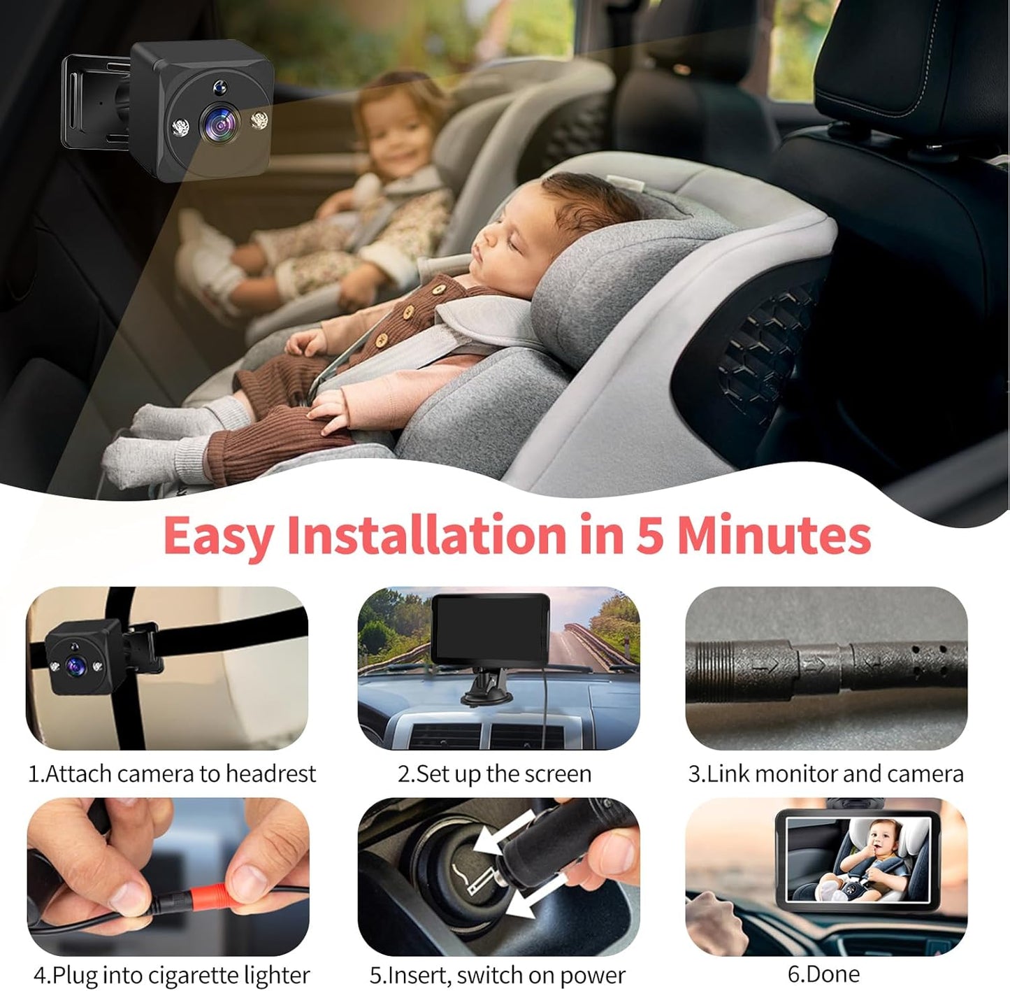 Omebel Baby Backseat Mirror 7-Inch Ultrawide Display Dual Camera Monitor Black