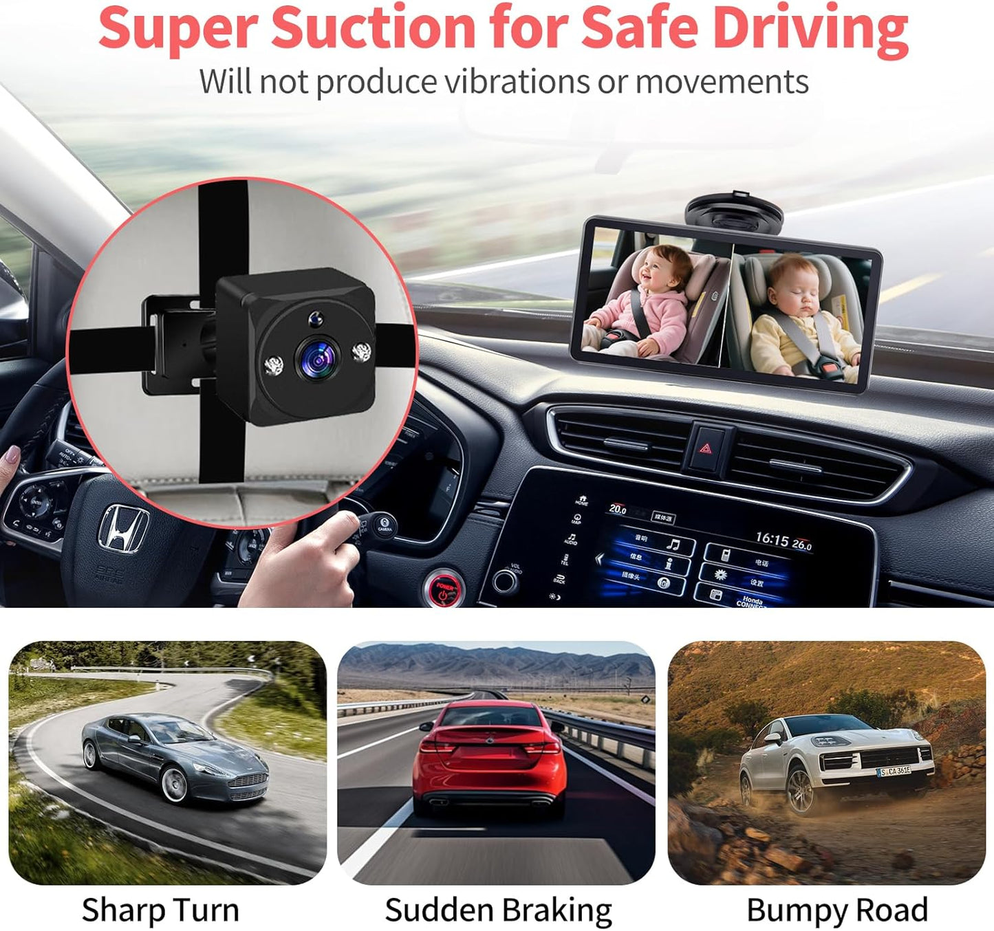 Omebel Baby Backseat Mirror 7-Inch Ultrawide Display Dual Camera Monitor Black