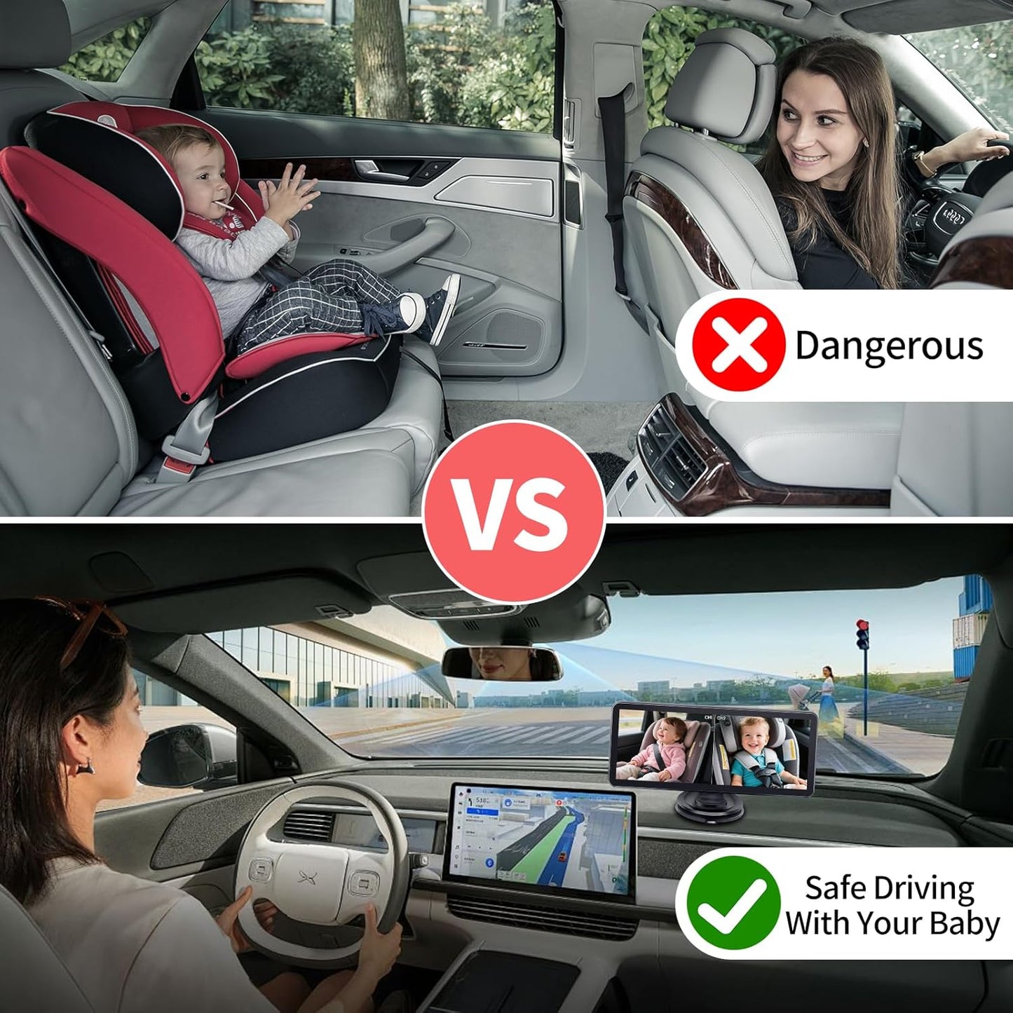 Omebel Baby Backseat Mirror 7-Inch Ultrawide Display Dual Camera Monitor Black