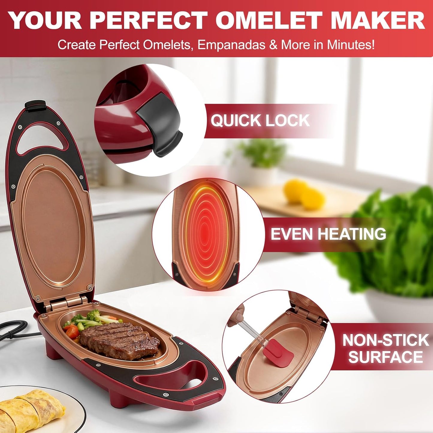 800W Non-Stick Red Electric Pressure Cooker for Steaks, Omelettes & More DEMO