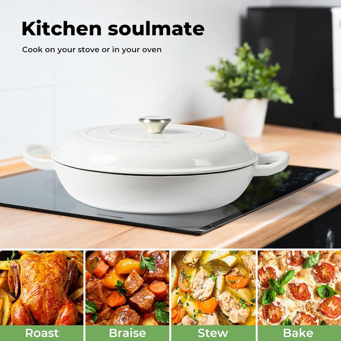 TOQUE Enameled Cast Iron Dutch Oven 3.5L Cooking Pot with Lid, White, DEMO