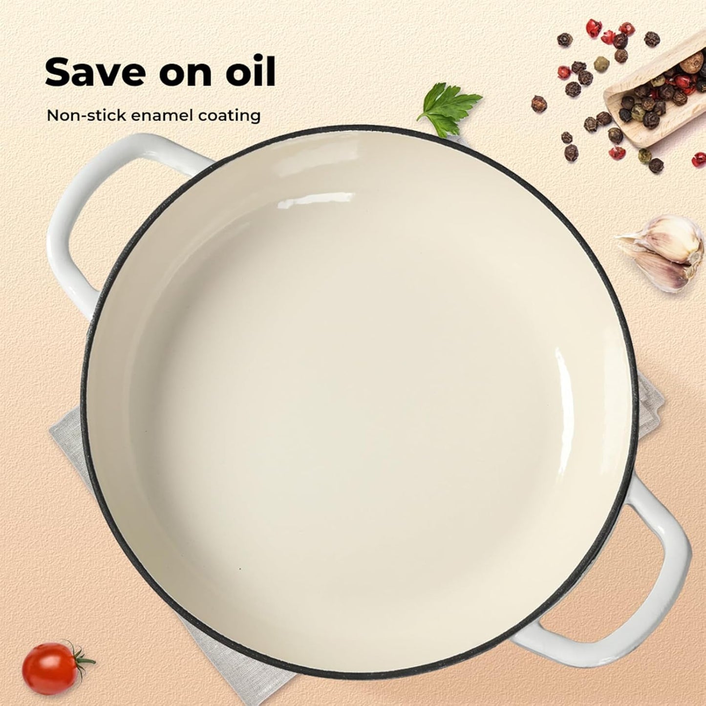 TOQUE Enameled Cast Iron Dutch Oven 3.5L Cooking Pot with Lid, White, DEMO