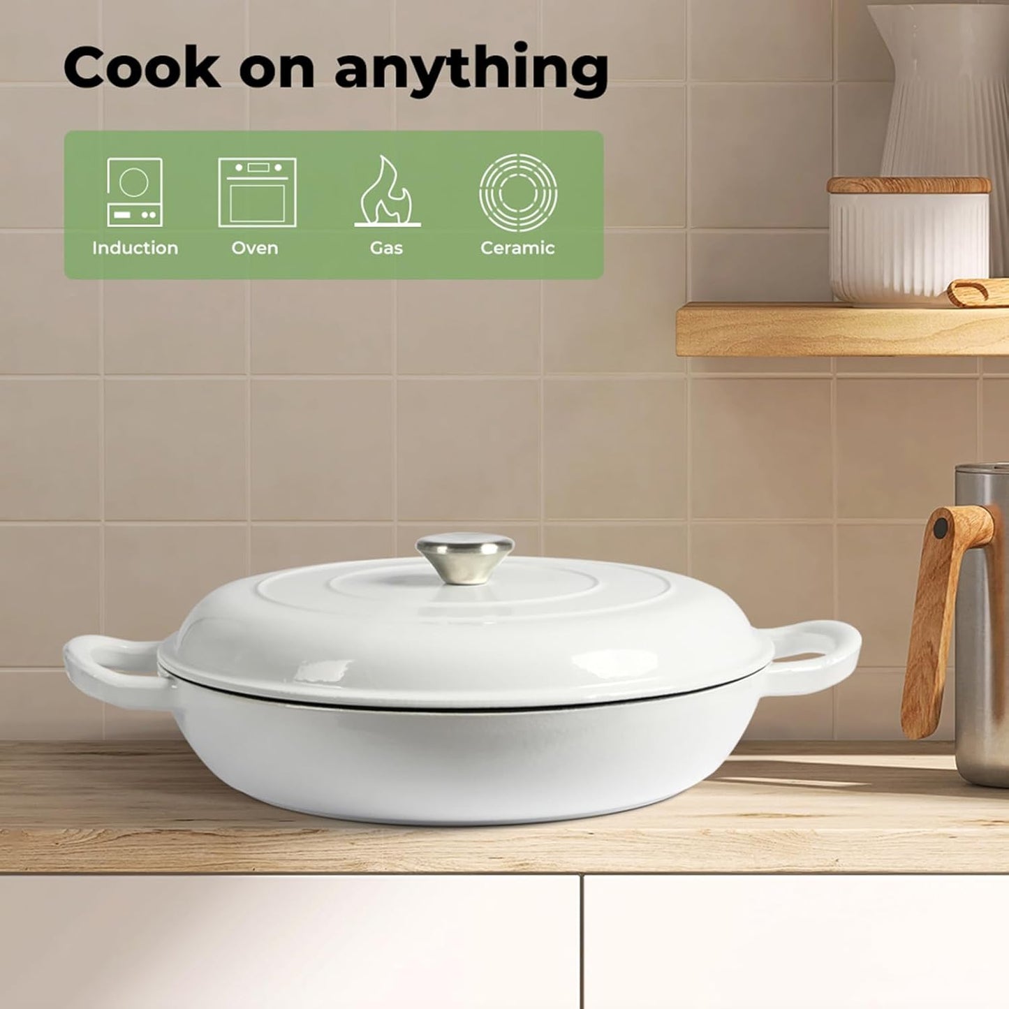 TOQUE Enameled Cast Iron Dutch Oven 3.5L Cooking Pot with Lid, White, DEMO
