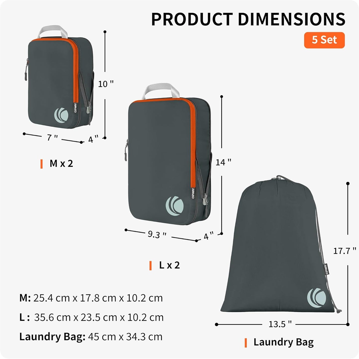 Cipway 5 Piece Expandable Grey Packing Cubes Luggage Organizer Set for DEMO
