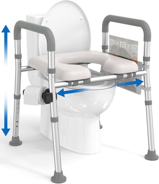 RYUUSEI Adjustable Raised Toilet Seat with Handles, Silver Bathroom Safety DEMO