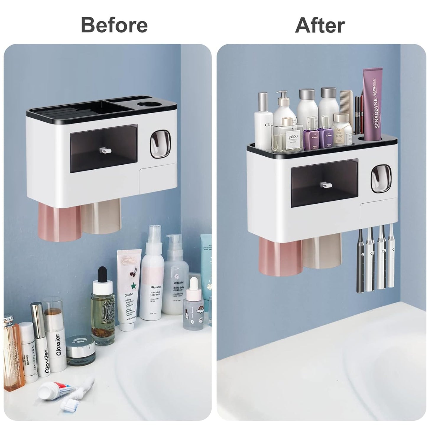 Hushnow Children's Bath Toothbrush Holder Wall Mount with Drawers Black DEMO