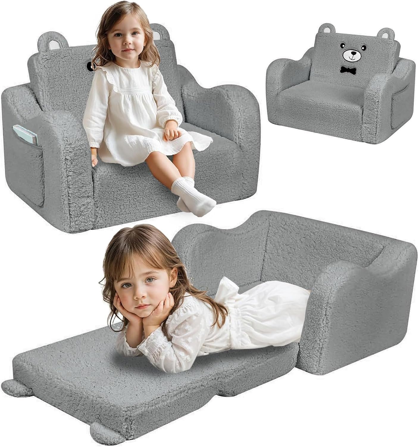 LIODUX 2-in-1 Sofas Kids Plush Convertible Grey Sofa Chair Lounge DEMO